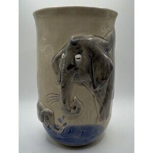 Vintage Quon-Quon Co Japan Elephant Relief Ceramic Vase 7" Safari Decor Utensils